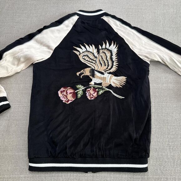 Black Satin Bomber Jacket w/ Embroidered Hawk + Rose Patches Japanese Style XS - Picture 8 of 8